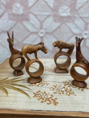Vintage Hand Carved Wood Animal Napkin Rings Kenya Safari Set
